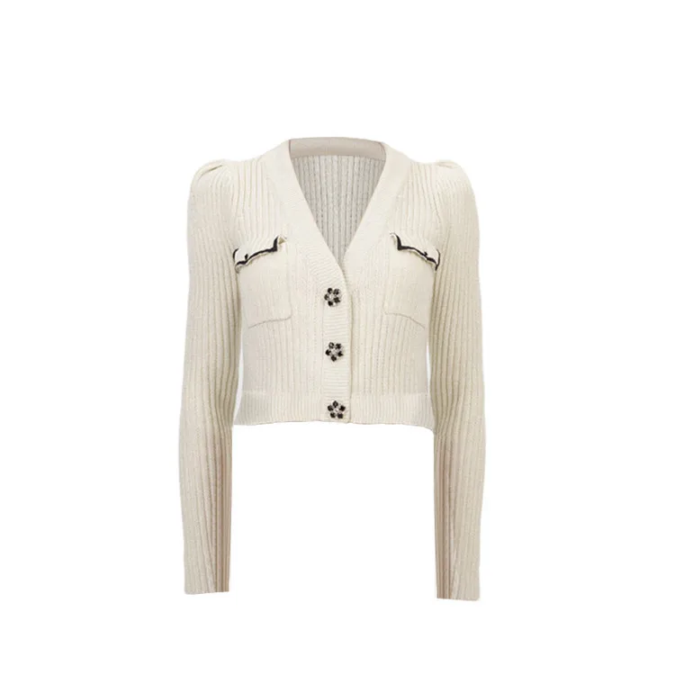 

2021 Early Spring New Women Sweater Rhinestone Button V-neck Blended Knit Cardigan Jacket Sweater