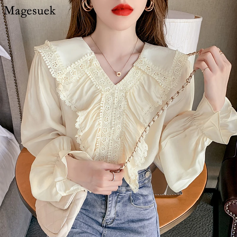 

2021 Autumn Ruffled Women Chiffon Shirt Long Sleeve V-neck Lace Stitching Blouses Elegant Solid Crochet Office Lady Tops 15766