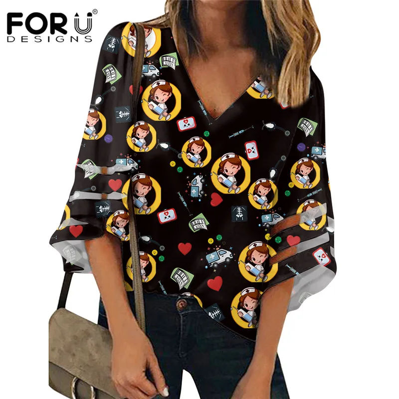 

FORUDESIGNS Ladies Tops Funny Cartoon Nurse Fashion Summer Casual Office Sexy Half Sleeve Loose Blouse Thin Women Slim Tops