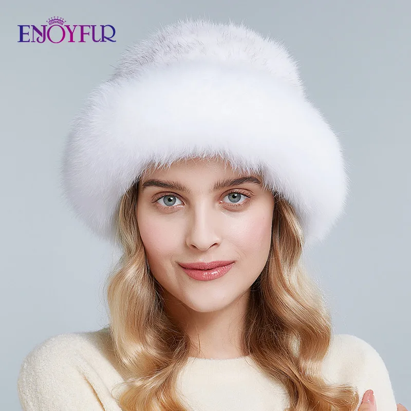 ENJOYFUR шапки из натурального меха, зимние шапки для женщин, шапка из натурального меха норки с мехом лисы, новые русские вязаные шапки - Цвет: 05