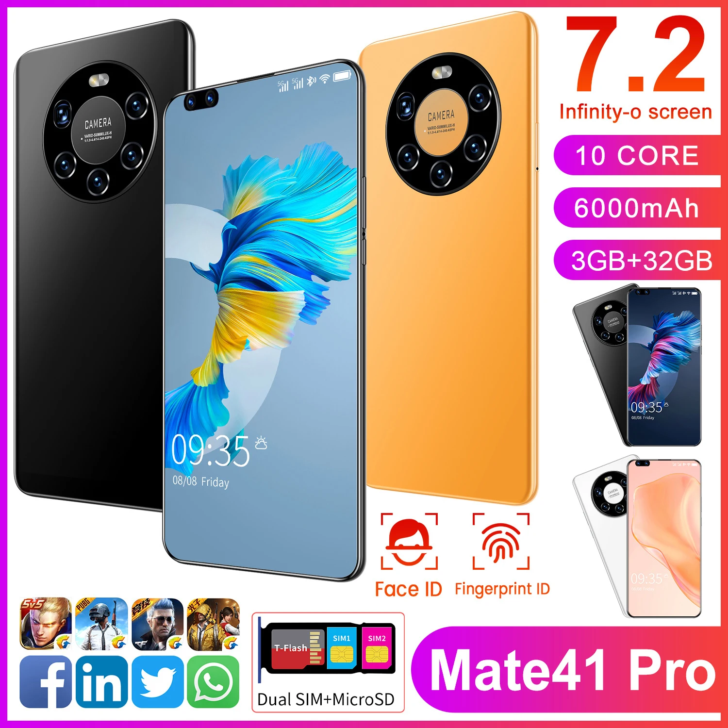 

Global Version Huawie Mate 41 Pro 7.2 Inch HD Big Screen 3GB RAM 32GB ROM Android 10.0 Smartphone Unlocked Cellphone Celular