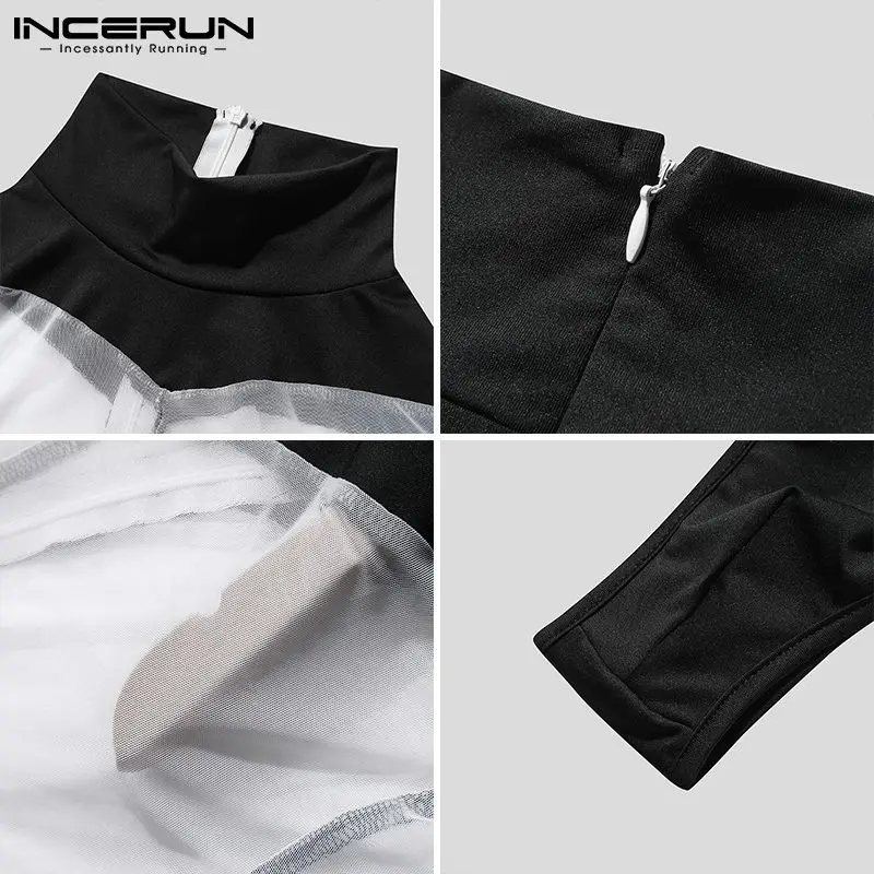 INCERUN 2023 Men's Sexy Leisure Jumpsuit Breathable Mesh Solid Color All-match Onesies Comeforable Long-sleeved Bodysuits S-5XL
