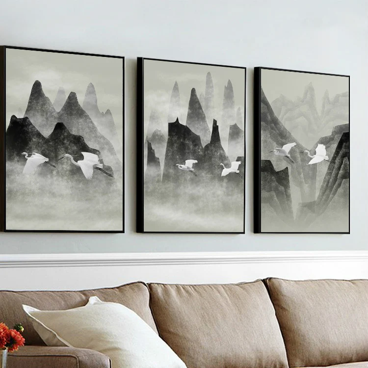 Черные белые китайские чернила Постер горного пейзажа Настенная картина для