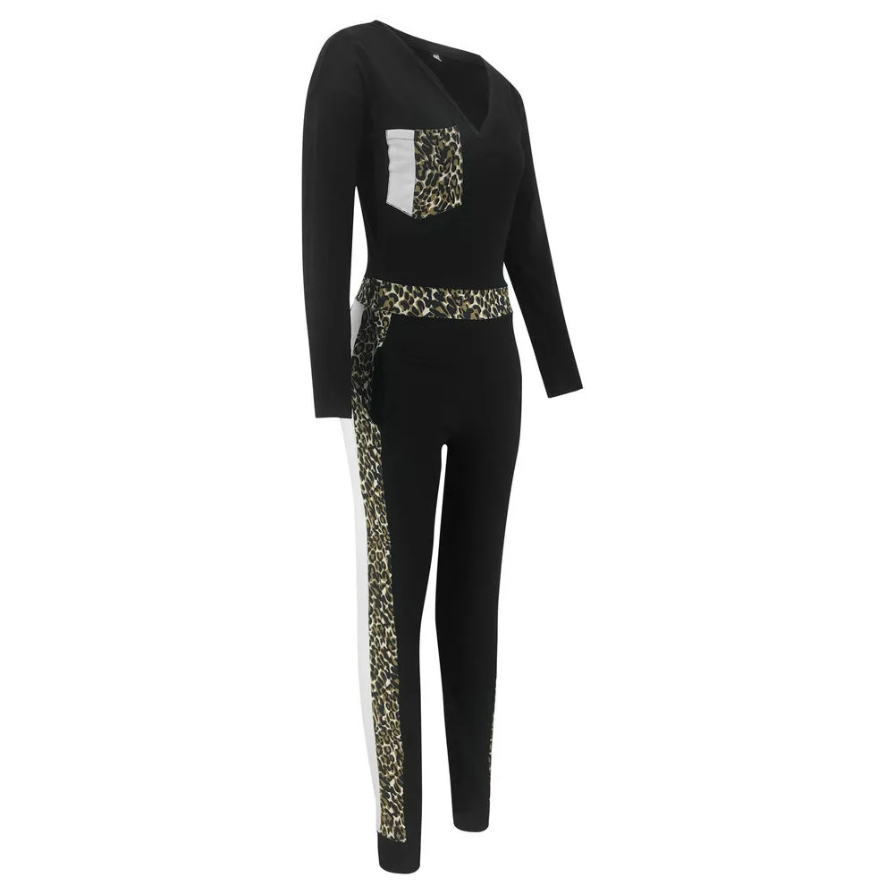 Женский спортивный костюм с леопардовым принтом из двух предметов длинным