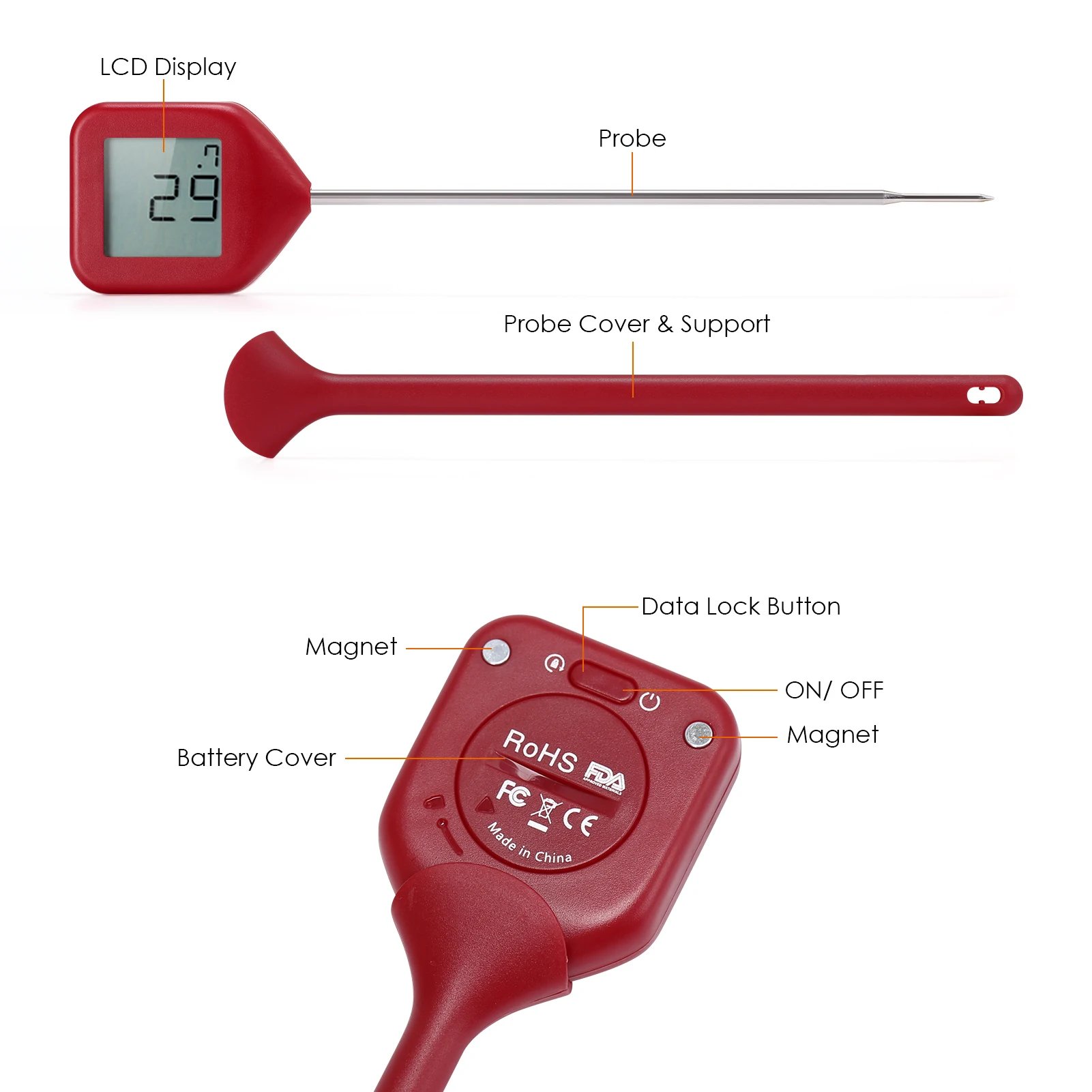 

Instant Read Food Thermometer 4 Directions Auto-Rotating LCD Display/Switchable IPX4 Waterproof Digital Thermometers with Probe