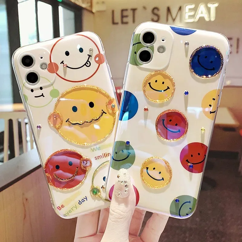 

Luxury Bling Smile Face Love Heart Phone Case for iPhone 12 11 Pro Max 13 Mini X Xs Xr 8 7 Plus SE 2020 IMD Silicone Bling Cover