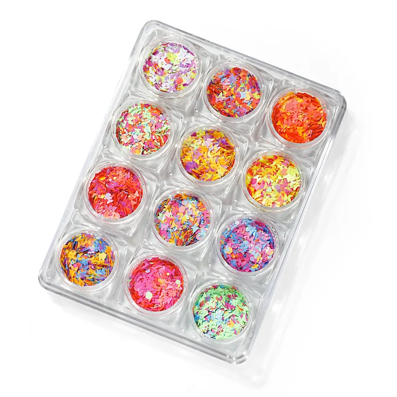 

12Pcs/Set Colorful Nail Butterlfy confetti glitter Sequins Fluorescence Sparkly Glitter Flakes For Gel Polish Manicure Slices
