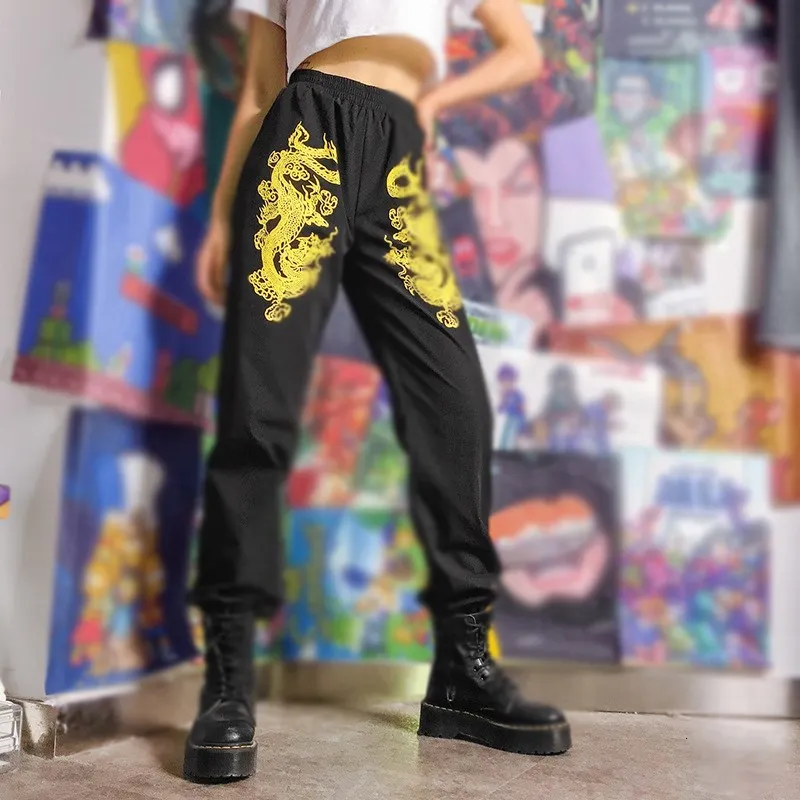 Модные спортивные штаны с принтом дракона женские Стрейчевые брюки высокой