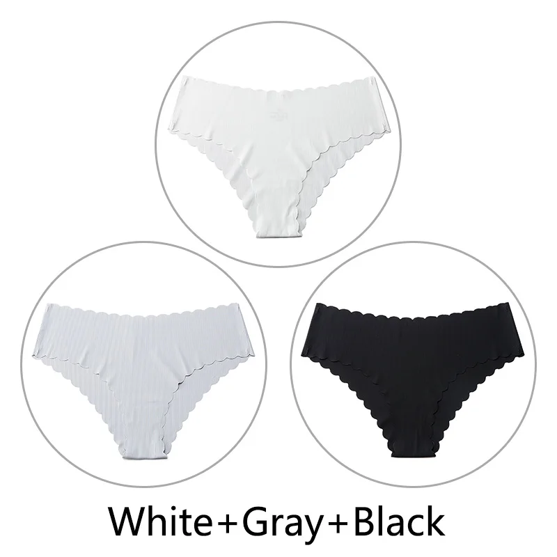 White Gray Black 3 шт./партия, сексуальные бесшовные трусики с оборками для женщин, полосатые трусы с низкой посадкой, цельное нижнее белье, женское нижнее белье, американский размер xs-l - Цвет: White Gray Black