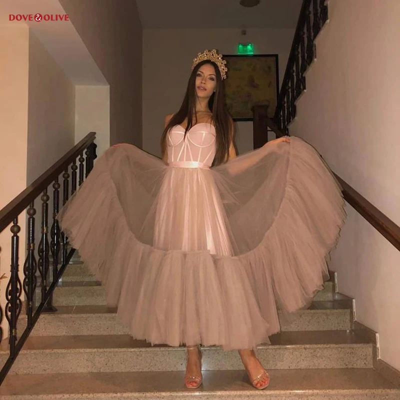 

Розовое платье чайной длины для выпускного вечера, на тонких бретелях, ТРАПЕЦИЕВИДНОЕ, формальное, коктейльное, 2021