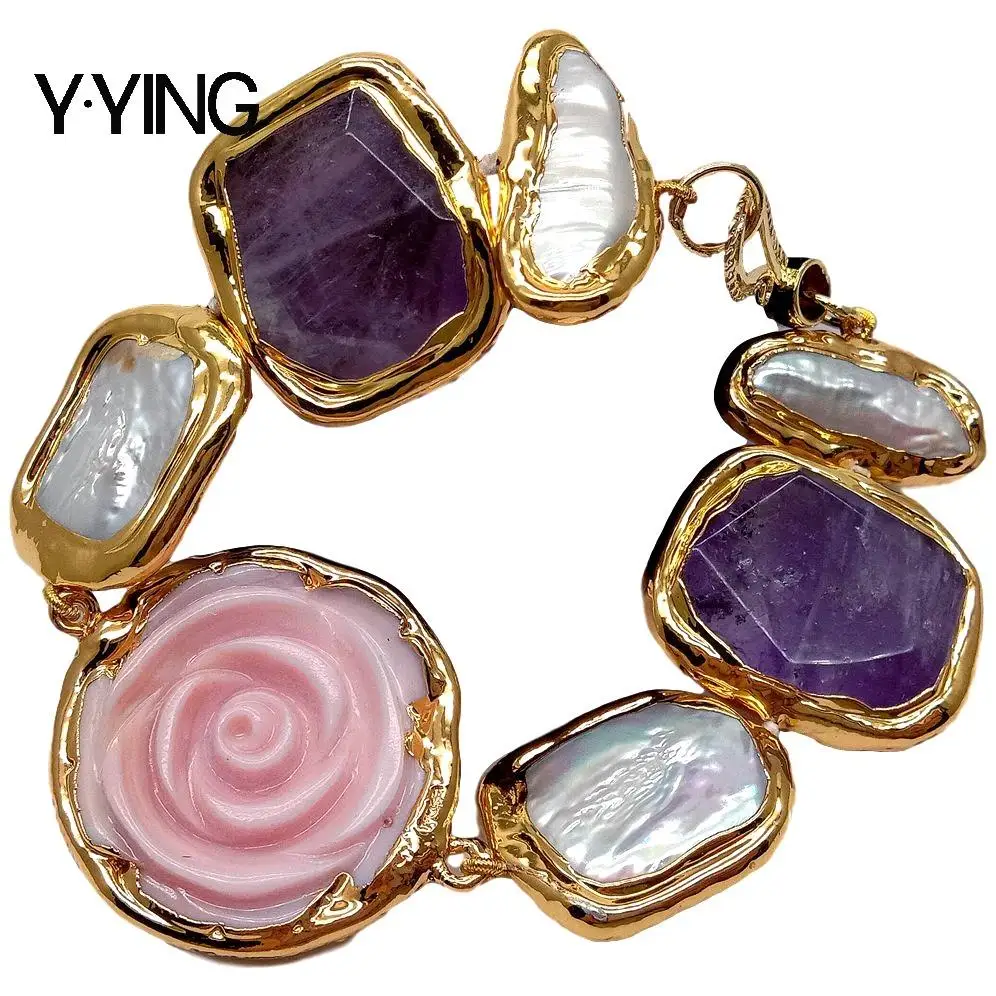 

Y·YING Cultured White freshwater Pearl Amethysts Pink Queen Conch Flower Gold color Plated strand Bracelet 8" cute for women