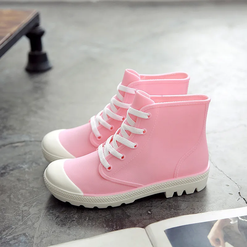New Fashion Rain Boots Women Shoes Candy Color Non-slip Jelly Shoes Woman Ankle Boots Lace Up Waterproof Gum'd Boots galoshes