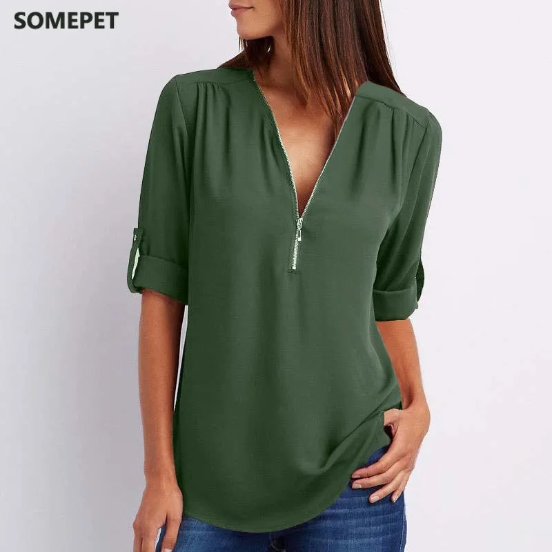 

Zipper Short Sleeve Women Shirts Sexy V Neck Solid Womens Tops Blouses Casual Tee Shirts Tops Female Clothes Plus Size