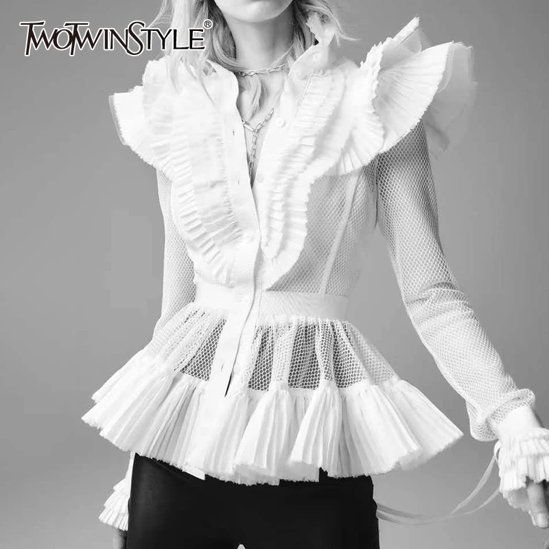 Женская блузка с оборками TWOTWINSTYLE Весенняя v образным вырезом длинным рукавом и