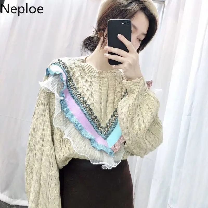 Neploe Nation стиль вышивка вязаный свитер для женщин нитки твист кружева лоскутное