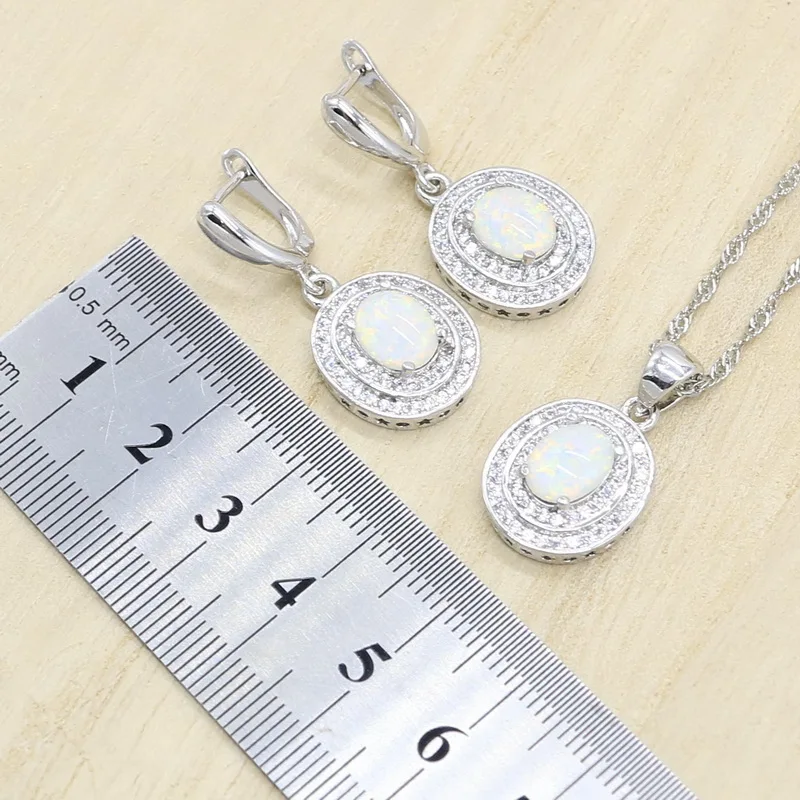 Овальный белый опал ожерелье Кулон Кольцо Серьги серебряного цвета набор
