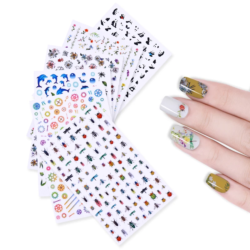 Наклейки для ногтей розовые желтые фиолетовые цветные смешанные цветы