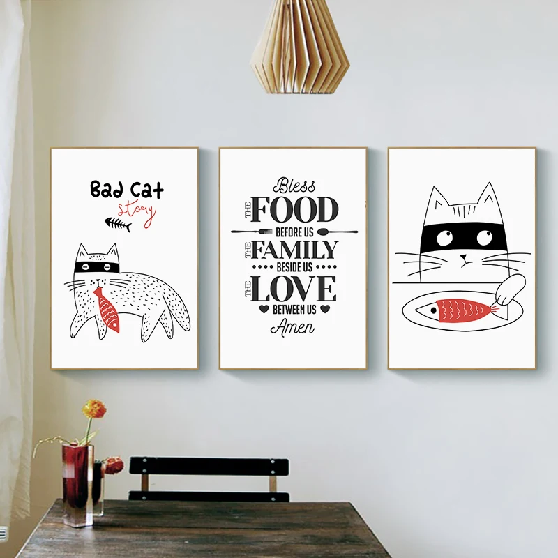 Мультяшная рыба кот печать еды Цитата Плакат Женская Современная Настенная