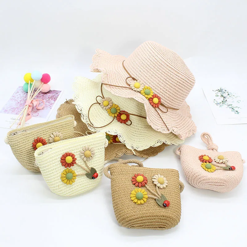

Seioum Two piece set child sun flower panama cap and handbags Outdoor princess girl kids straw hat UV protection hats caps bags