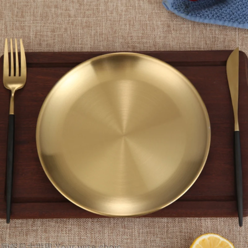 Утолщенный круглый поднос из нержавеющей стали для кафе фруктов тортов стейков