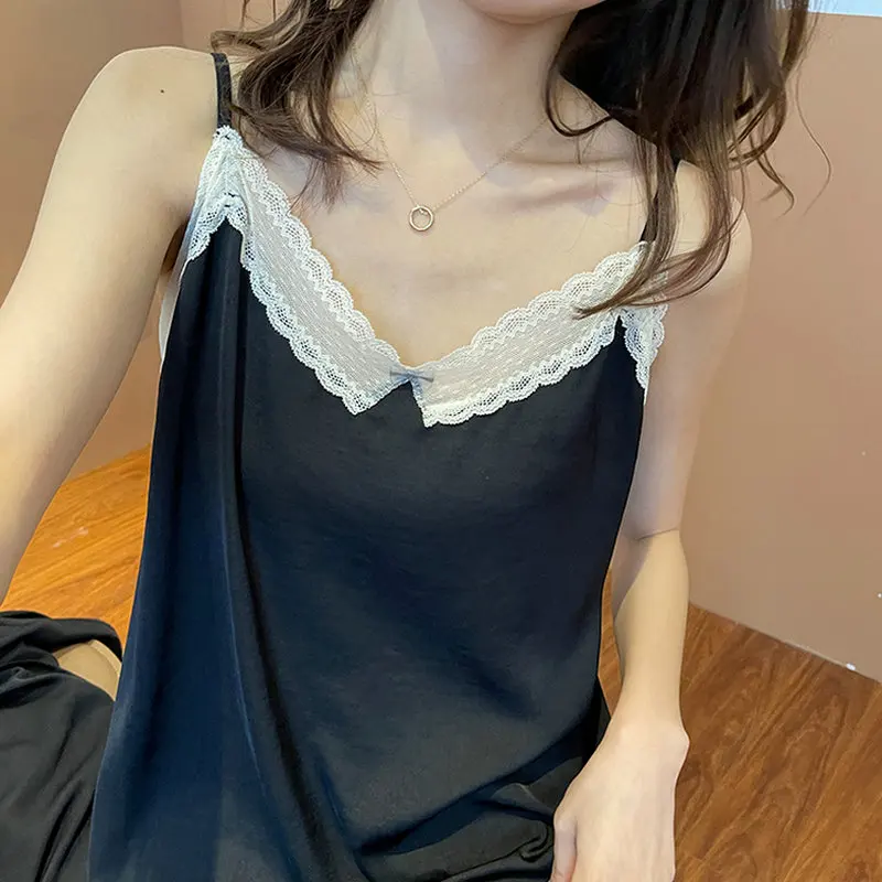 

Summer Women Lace Contrast Nightgowns Black Blue Yellow Pink Spaghetti Strap Sleeping Dresses Cozy One Piece Nighty Pajama 2021