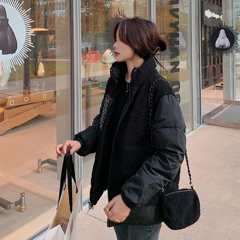 2021 Winter Short Down Padded Jacket Women Stand-up Collar Casual Winter Outwear Jacket Parkas Lamb Hair Stitching Warm Coat