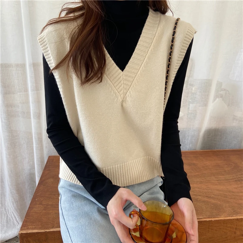 Осенний женский короткий вязаный жилет без рукавов в Корейском стиле элегантный