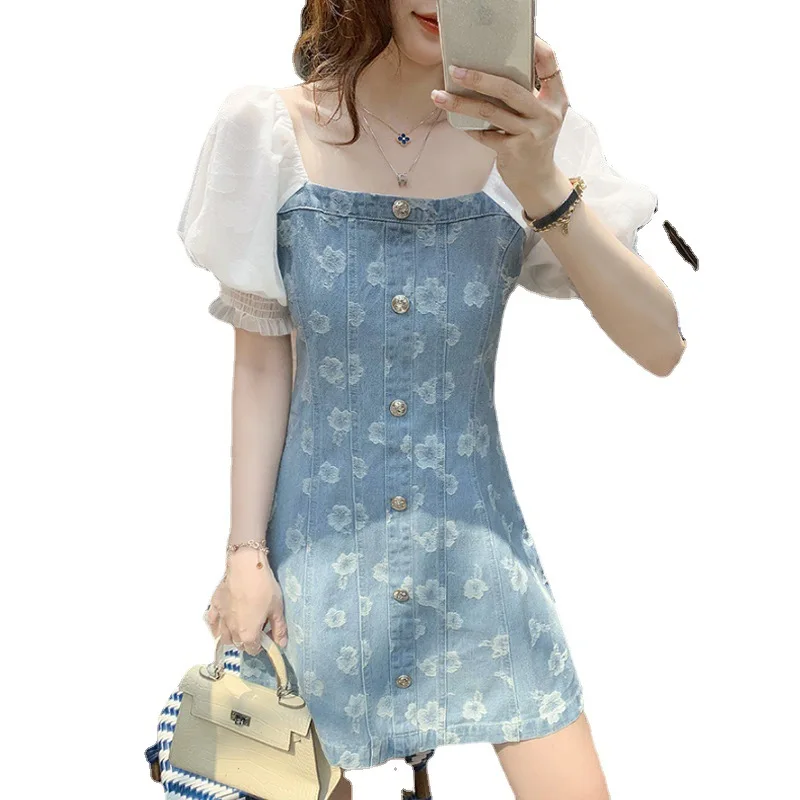 

Sweet Women Denim Dress Female Summer Square Collar Stitching Embroidered Lace Puff Sleeves Clothing Sexy Mini Sundress Dresses