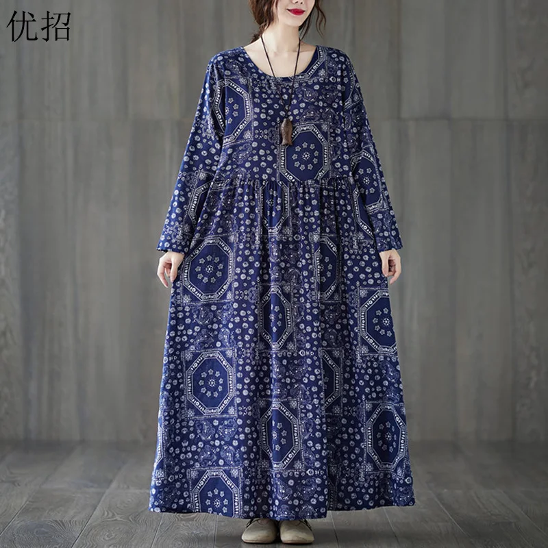 

Women Dress Plus Size Long Sleeve Cotton Linen Vintage Floral Print Dresses Robe Femme 2020 New Spring Autumn Ladies Maxi Dress