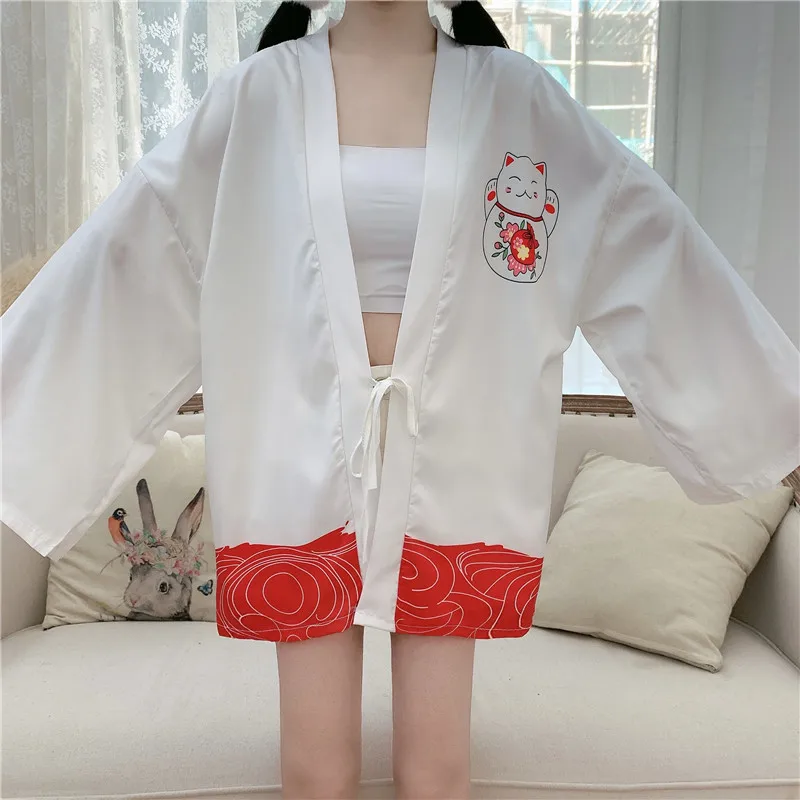 Черный белый Lucky Cat свободный женский кардиган Harajuku японское кимоно модные