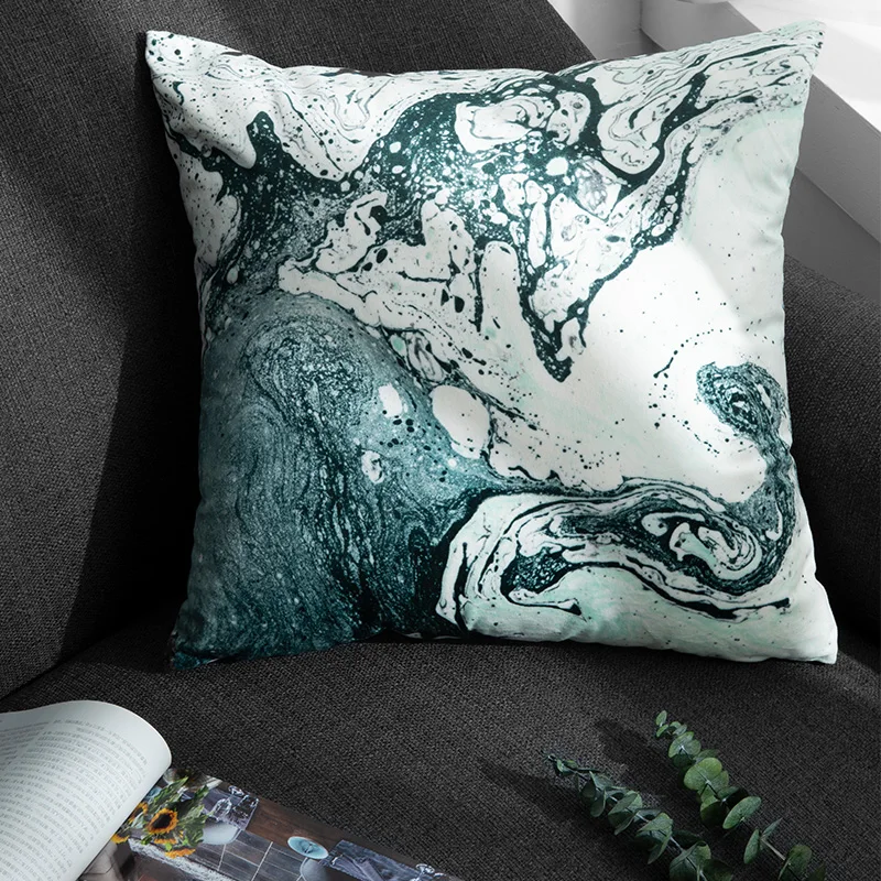 Чехол на подушку DUNXDECO декоративный Мягкий бархатная черная зеленая с мраморным