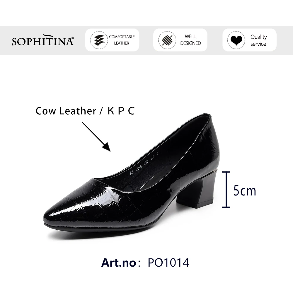 

SOPHITINA Pumps Woman Solid Black Bright Leather Shallow Pointed Toe Plaid Pattern Med Square Heel Office Lady Shoes PO1014