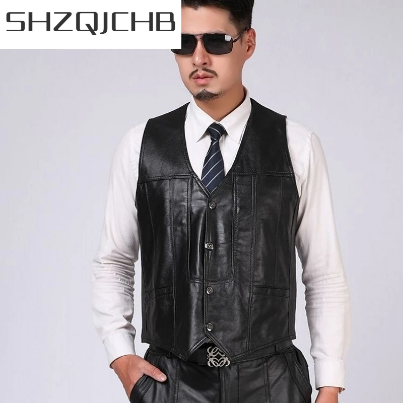

JCHB 2021 Mens Outside Pescar Padded Vest Pockets Photography Waistcoat Plus Size 5XL Male Genuine Leather Business Work Slim Ja