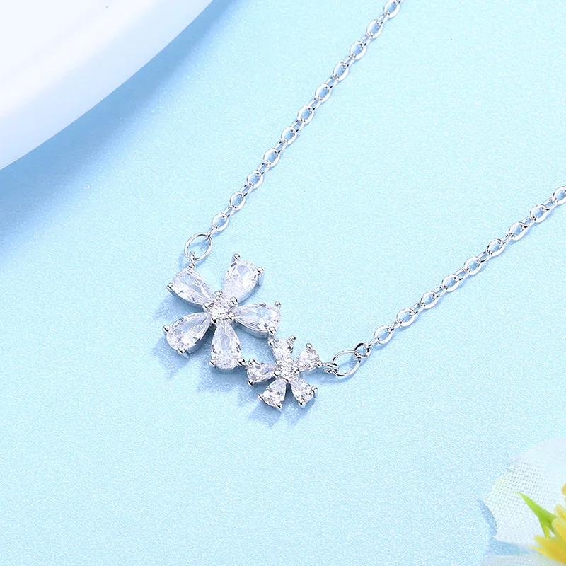 

925 Sterling Silver Crystal Flower Charm Pendant Choker Necklace For Girl Women Statement Wedding Party Jewelry dz803