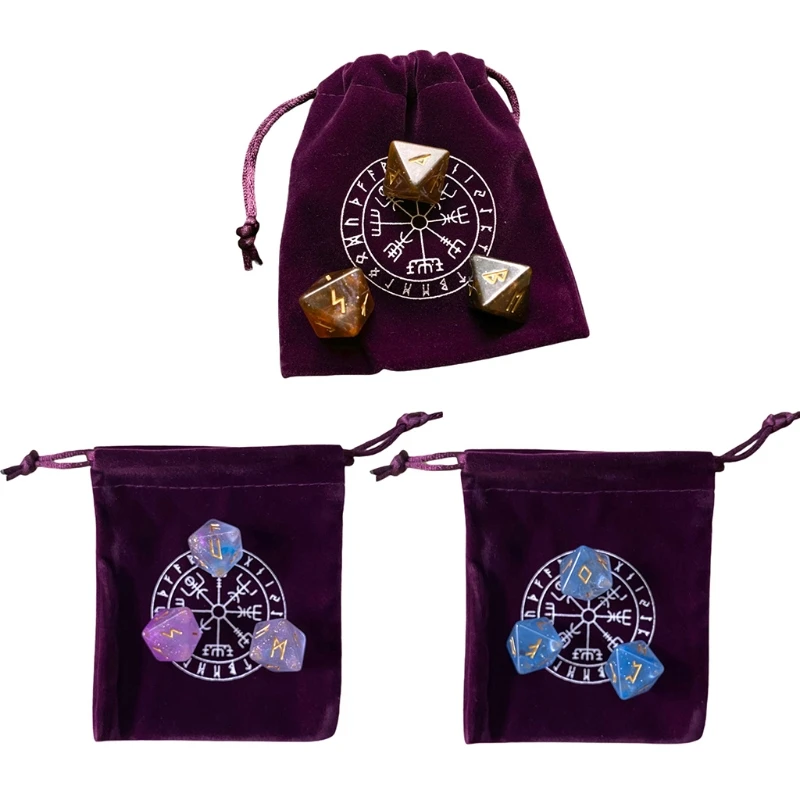 

3 Pcs 8-Sided Rune Dices Resin Assorted Polyhedral Dice with Storage Bag Set Divination Table Board Roll Party Cards Game H9EF