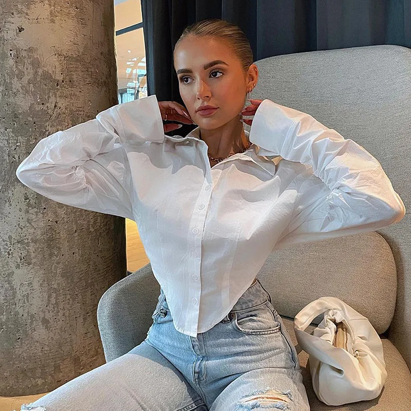 

2021 Summer White Blouse Shirts V Neck Long Sleeve Loose Sexy Casual Solid Women Y2k Crop Top Fashion