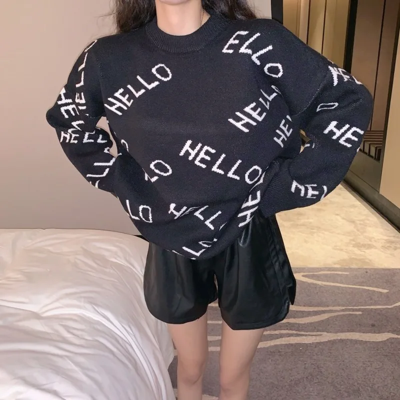 Gaganight Хелло Свободный Повседневный женский свитер с длинными рукавами и круглым