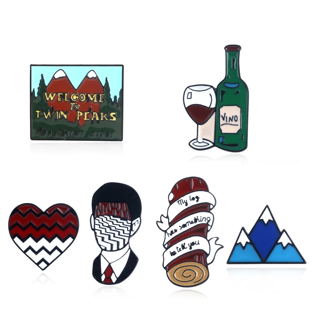

Twin Peaks Heart Shape Art Badge David Lynch Movie Fans Jewelry Dale Cooper Fire Walk With Me Red Wine Bottle Cup Lapel Pin