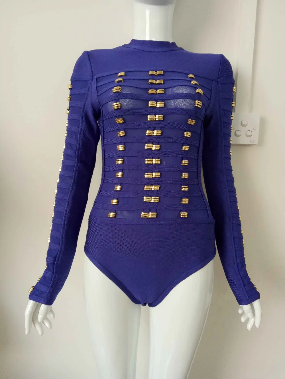 

Top Quality White Black Blue Long Sleeve Beading Hollow Out Sexy Bandage Playsuits Cute Party Playsuits