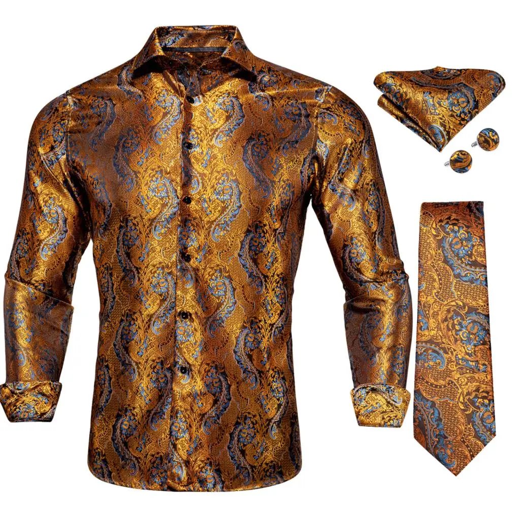 Hi-Tie Luxury Silk Mens Shirts Long Sleeve Black Blue Red Gold Jacquard Shirt Tie Hanky Cufflinks Set For Men Wedding Business