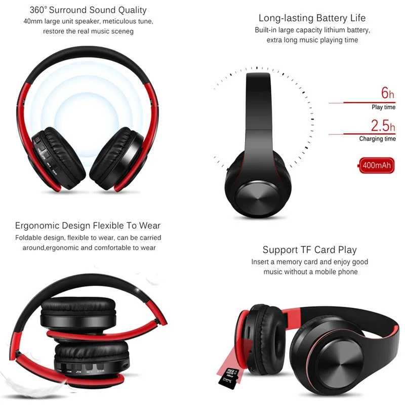 stereo wireless headset with mic foldable bluetooth headphone with 3 5mm audio jack hd microphone plug in card handfree earphone free global shipping