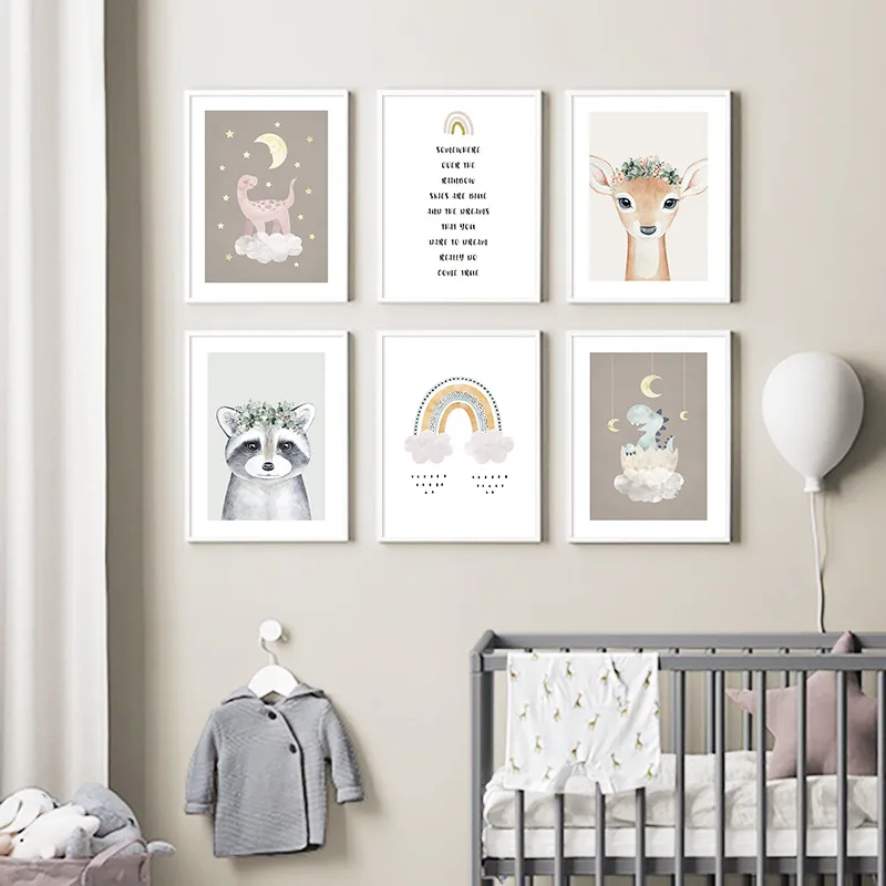

Small Animals Deer Bear Rainbow Unicorn Canvas Painting For Children Bedroom Decoration Kid Room Decor