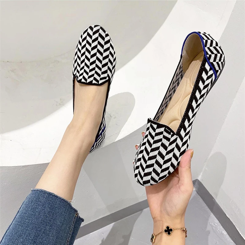 2022 Women's Flat Knitted Round Toe Colorblock Soft Ladies Moccasins Zapatos De Sports Zapatillas Mujer Bесна Ballet Breathable