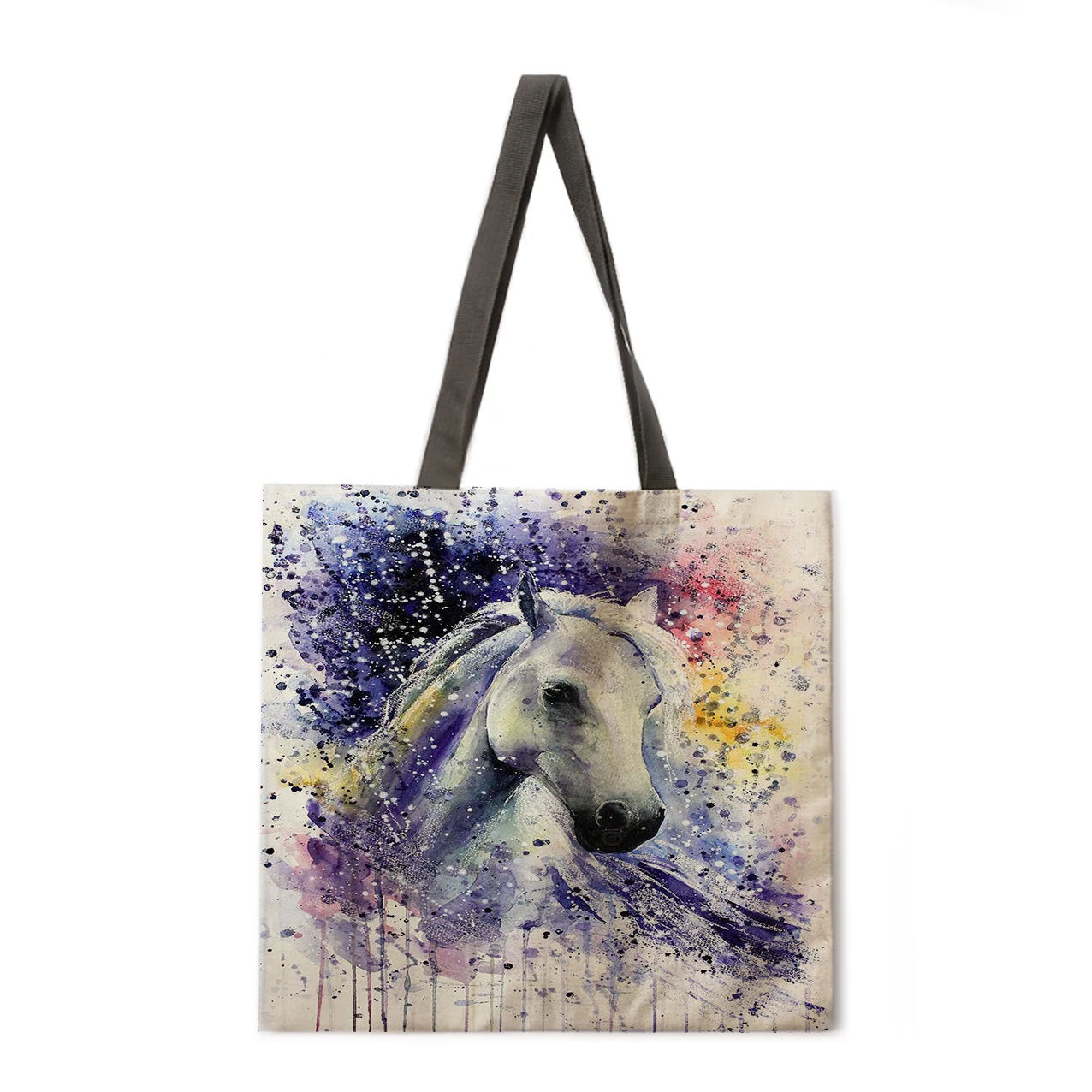 

Watercolor horse linen shopping bag ladies shoulder bag foldable shopping bag fashion beach bag handbag