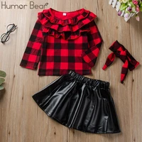 humor bear baby girl clothes sets plaid american style children clothing suit 3pcs long sleeve topleather skirtheadband set