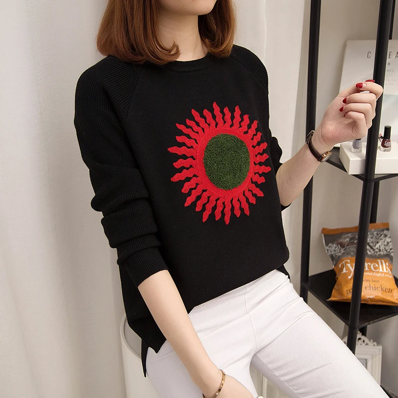 Large Size XL-4XL Flower Embroidery Pullover Sweater Women's 2019 New Autumn Winter Long Sleeve Round Neck Ladies Loose Sweaters | Женская