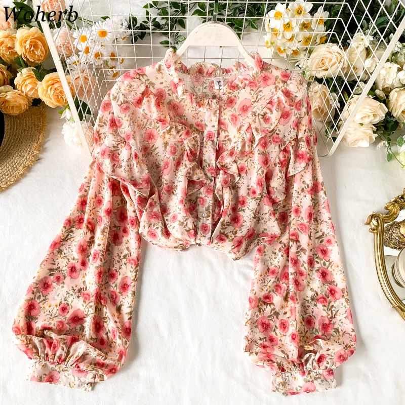 Woherb элегантная Милая шифоновая блузка с цветочным принтом и рукавами фонариками