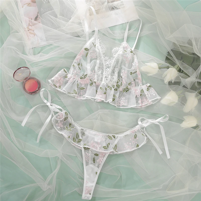 

2020 Fashion Fresh sexy suit underwear bra +panties Floral Print Sexy Erotic Apparels See Through Clothes for lady Nightwear