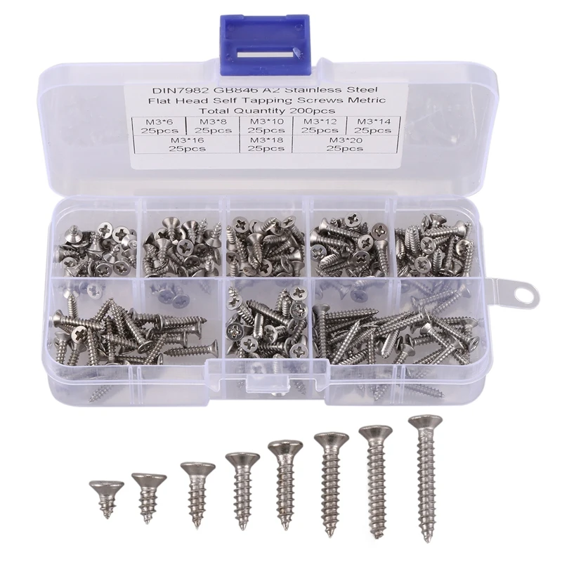 

New 200Pcs M3 Stainless Steel Flat Head Screws Kits High Strength Self-Tapping Screws Assortment Set For Wood Furniture