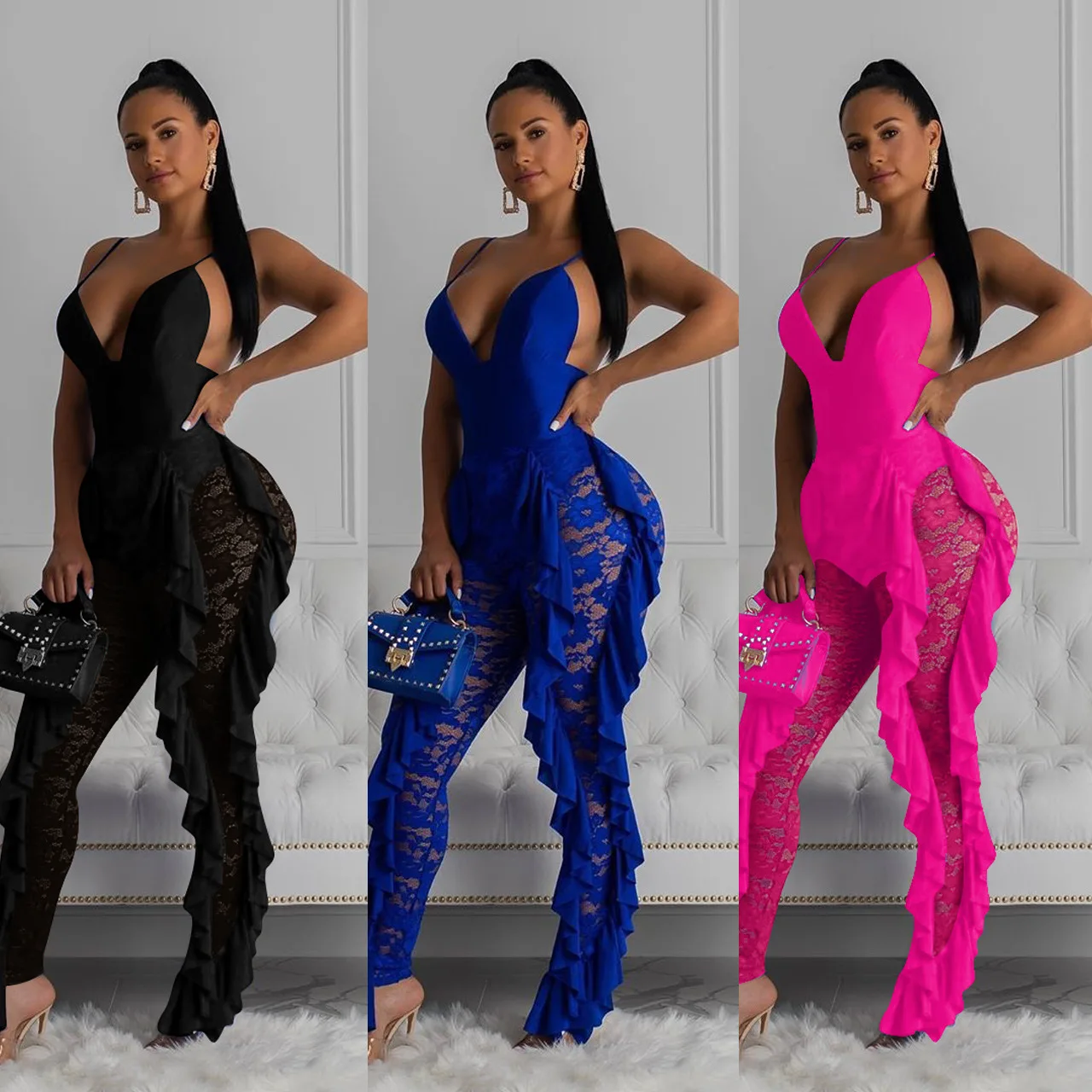 

Womens Jumpsuit Female Sexy Bodycon Jumpsuit Solid V-Neck Sleeveless Jumpsuit One Shoulder Long Sleeve Trousers Leisure Suit